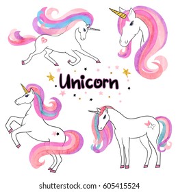 Bonitos unicornios acuáticos de colores rosa y violeta. Ilustración vectorial.