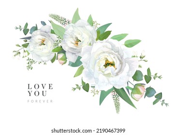 Beautiful, watercolor, vector floral bouquet. Holiday greeting, wedding invite, save the date card. Template design. White lisanthus flowers, jasmine, veronica, green leaves, seeded eucalyptus bouquet