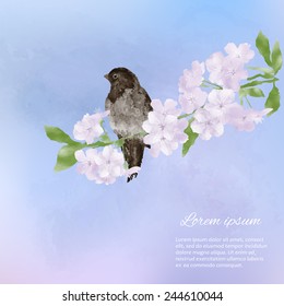Beautiful watercolor  vector illustration with sakura flowers and bird