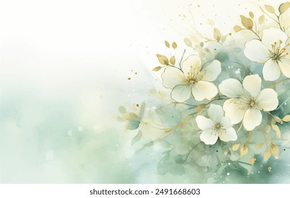 Beautiful watercolor vector painting of delicate white flowers in soft pastel hues blooming against a tranquil green background. Washes of color create dreamy and vibrant effect