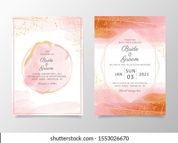 Beautiful watercolor wedding invitation card template set with geometric frame and gold glitter. Abstract background save the date, invitation, greeting card, multi-purpose vector