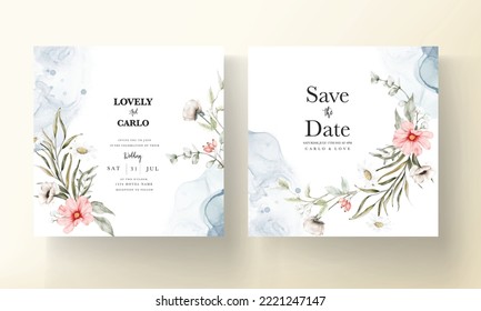 beautiful watercolor wedding invitation card with elegant flower and tiny foliage