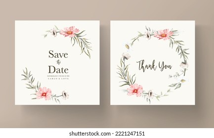 beautiful watercolor wedding invitation card with elegant flower and tiny foliage