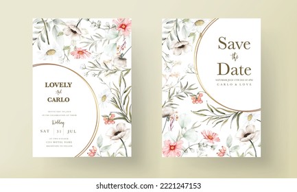 beautiful watercolor wedding invitation card with elegant flower and tiny foliage