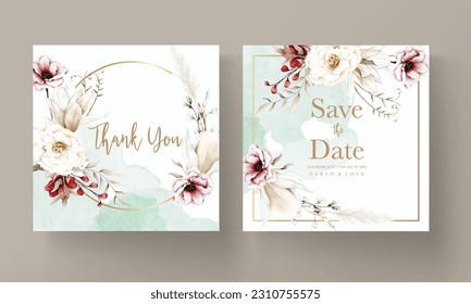 beautiful watercolor wedding invitation card with elegant bohemian flower and foliage