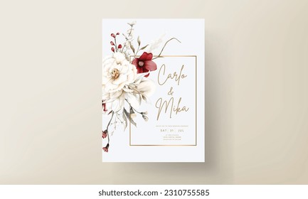 beautiful watercolor wedding invitation card with elegant bohemian flower and foliage