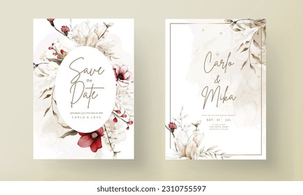 hermosa tarjeta de invitación a boda acuarela con elegante flor y follaje bohemio