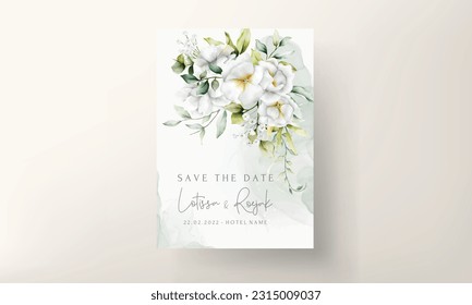 Beautiful watercolor wedding invitation card with greenery leaves and white flower