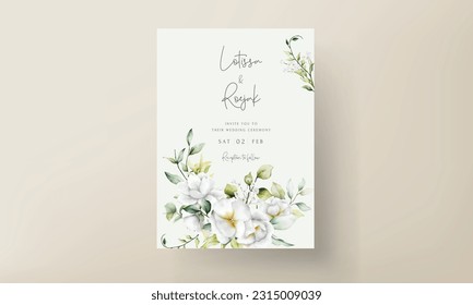 Beautiful watercolor wedding invitation card with greenery leaves and white flower