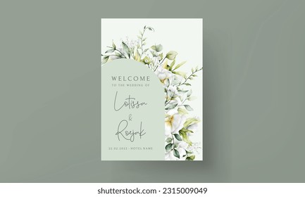 Beautiful watercolor wedding invitation card with greenery leaves and white flower