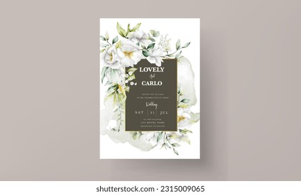 Beautiful watercolor wedding invitation card with greenery leaves and white flower