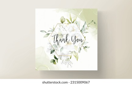 Beautiful watercolor wedding invitation card with greenery leaves and white flower