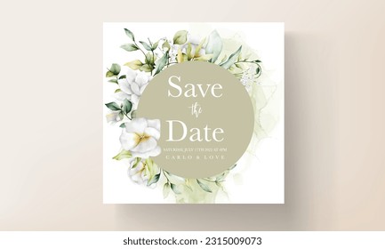 Beautiful watercolor wedding invitation card with greenery leaves and white flower