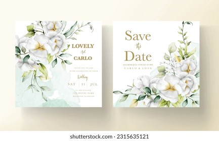 beautiful watercolor wedding invitation with  greenery leaves and white flower