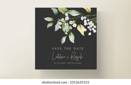 beautiful watercolor wedding invitation with  greenery leaves and white flower
