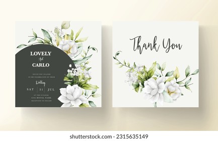 beautiful watercolor wedding invitation with  greenery leaves and white flower