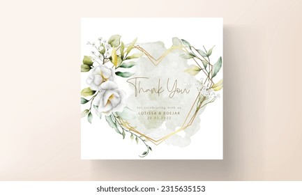 beautiful watercolor wedding invitation with  greenery leaves and white flower