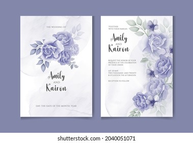 Beautiful watercolor wedding invitation set with elegant blue rose and leaves