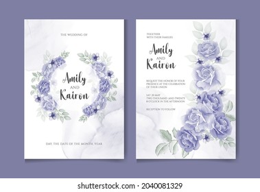 Beautiful watercolor wedding invitation set with elegant blue rose and leaves