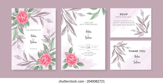 Beautiful watercolor wedding invitation set with elegant pink rose and leaves