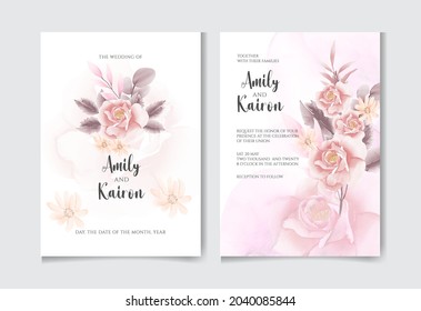 Beautiful watercolor wedding invitation set with elegant pink rose and leaves