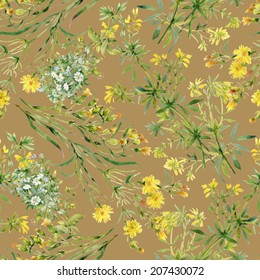 Beautiful watercolor wild field flowers seamless pattern on brown background vector illustration 