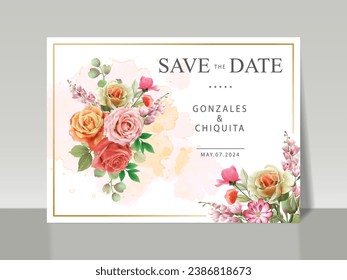 beautiful watercolor of wild red flowers and leaves wedding invitation card