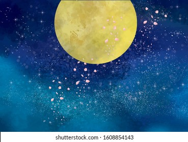 Beautiful watercolor wind full moon starry sky and cherry blossom petals