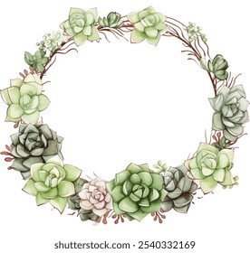 Beautiful watercolor wreath of succulents on white background, natural beauty and texture vector design. Colorful greenery and floral elements. Botanical ornament for a touch of nature.