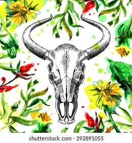 Beautiful watercolor yellow flowers and sketch bull skull