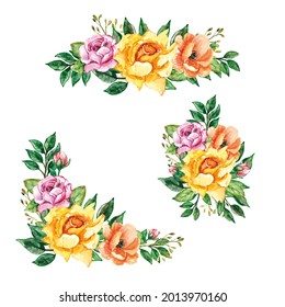 Beautiful watercolour bouquet of flowers with leaves