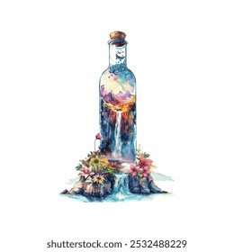 beautiful waterfall in the bottle vector illustration in watercolor style