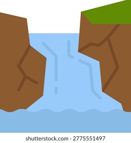 A beautiful waterfall cascading down between steep rocky cliffs into a river.