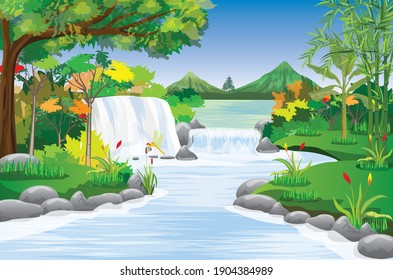beautiful waterfall in forest vector design