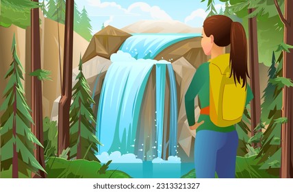 Beautiful waterfall. girl with backpack looks ahead. Pine forest and rocks with water. Hiking trip. Cartoon style. Vector