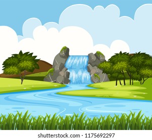 A beautiful waterfall landscape illustration