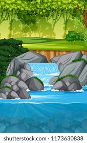 beautiful waterfall landscape scene illustration