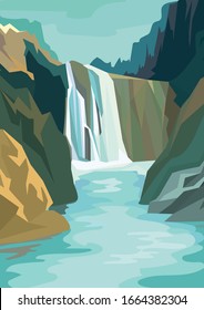 Beautiful waterfall landscape. Vector illustration in cartoon style.