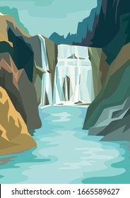 Beautiful waterfall landscape. Vector illustration in cartoon style.