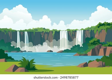 Hermoso paisaje de cascada. Amplia cascada en el bosque tropical, rocas, cielo azul con nubes, salpicaduras de agua que cae. Ilustración vectorial de un paisaje natural increíble.
