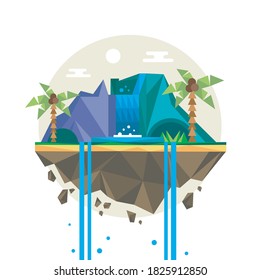beautiful waterfall and mountain low poly
