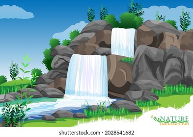beautiful waterfall with mountain stone background vector design