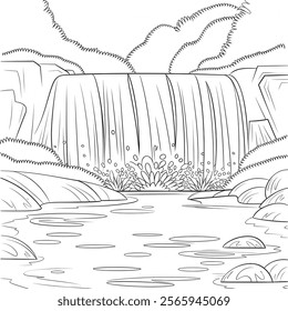 Beautiful waterfall nature colouring page design