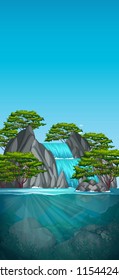 Beautiful waterfall nature scene illustration