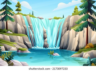 Beautiful waterfall scenery in forest landscape vector illustration