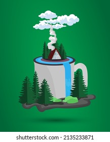 Beautiful waterfall vector illustration of a peaceful house on a cup of water covered with mountain trees