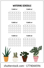 Beautiful watering schedule with cactus, pilea, monstera, aloe. Nice vector flat watering schedule in cartoon style. Tracker with houseplants for timely care of home plants.