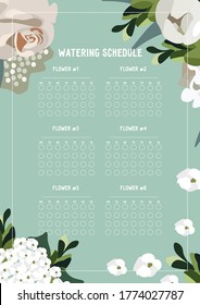 Beautiful watering schedule. Nice vector flat watering schedule in cartoon style. Tracker on pastel green background with blooming flowers for timely care of home plants.