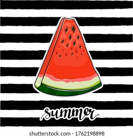 Beautiful watermelon illustration. Realistic fruit in cartoon style. Summer healthy vegetarian food