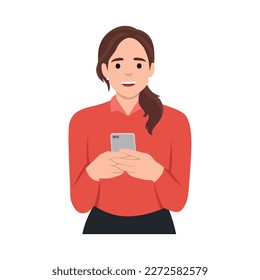 Hermosa mujer de cabello ondulado con teléfono celular aislado en la mano. Ilustración vectorial plana aislada en fondo blanco